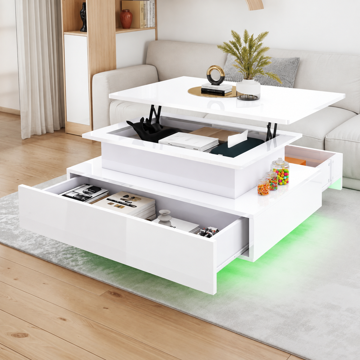 Table Basse Relevable Rectangulaire avec LED 16 Couleurs et 2 Tiroirs