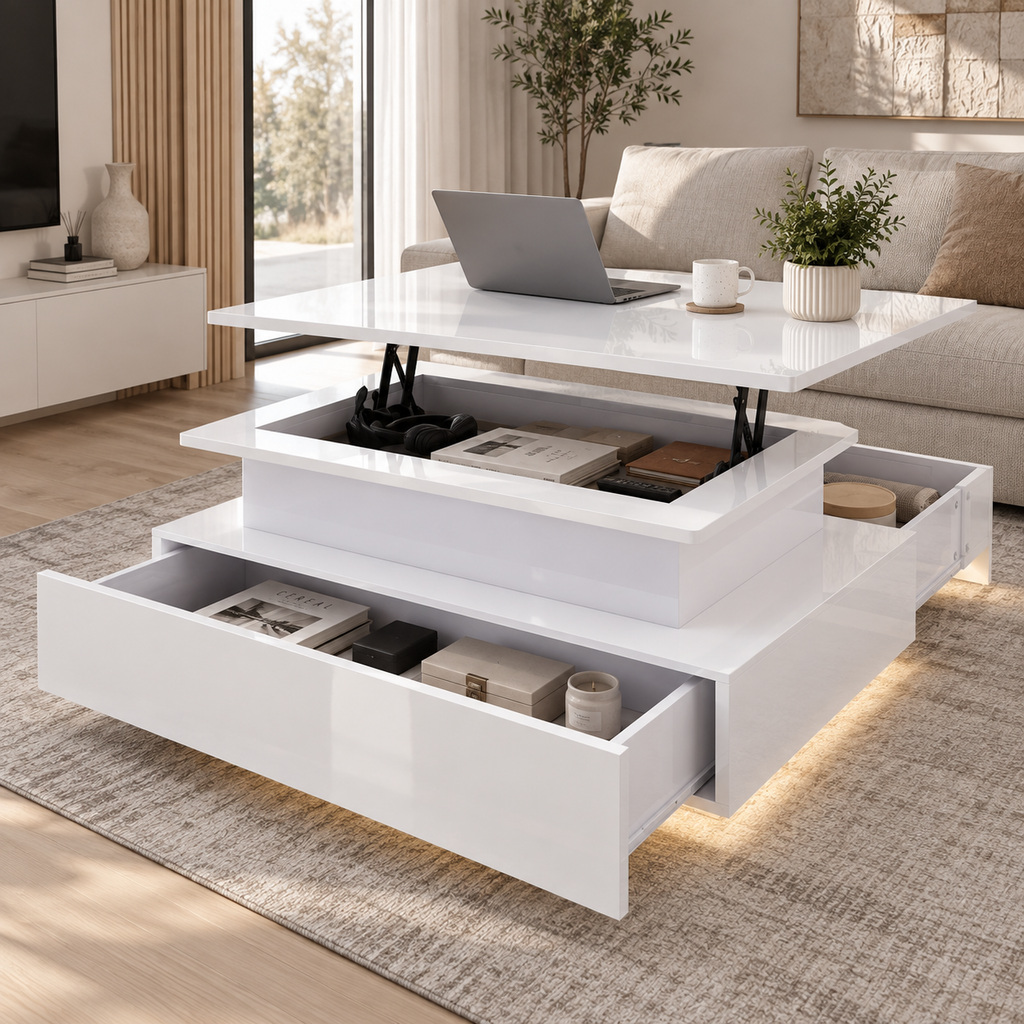 Table Basse Relevable Rectangulaire avec LED 16 Couleurs et 2 Tiroirs