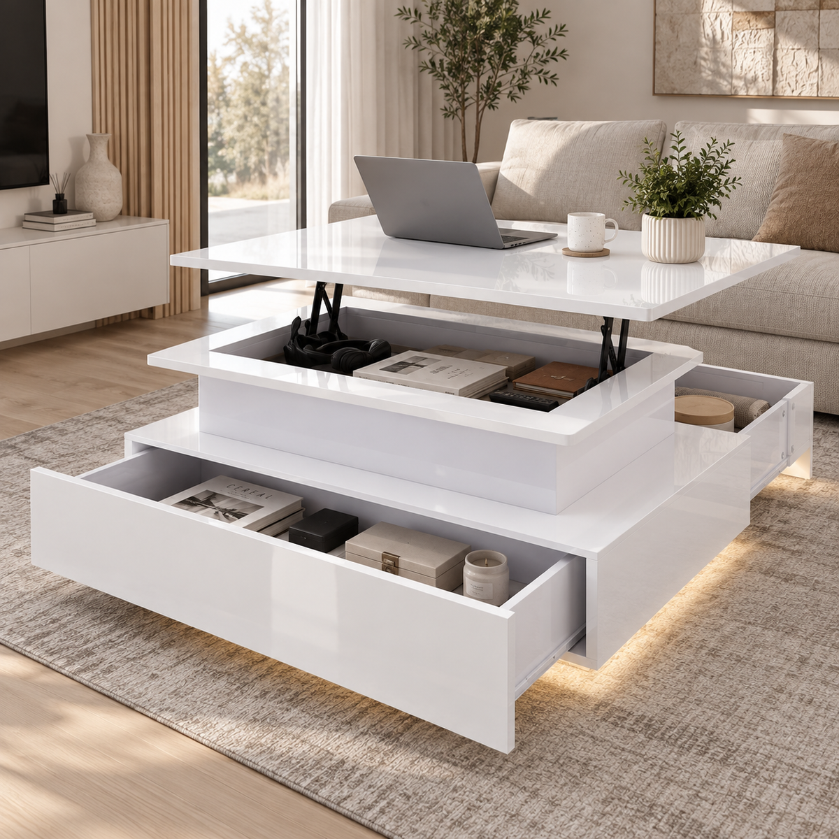 Table Basse Relevable Rectangulaire avec LED 16 Couleurs et 2 Tiroirs