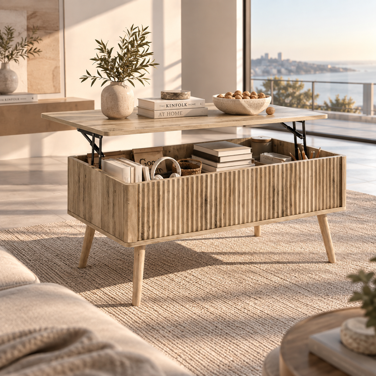 Table Basse Relevable 91 x 56 cm avec Rangement Caché