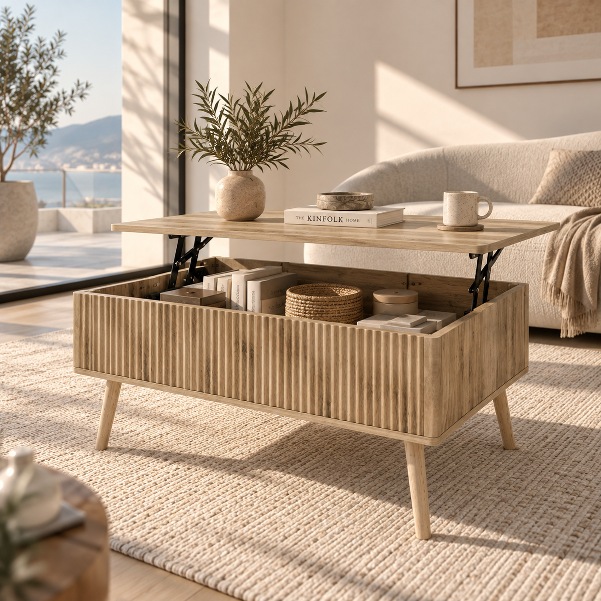 Table Basse Relevable 91 x 56 cm avec Rangement Caché