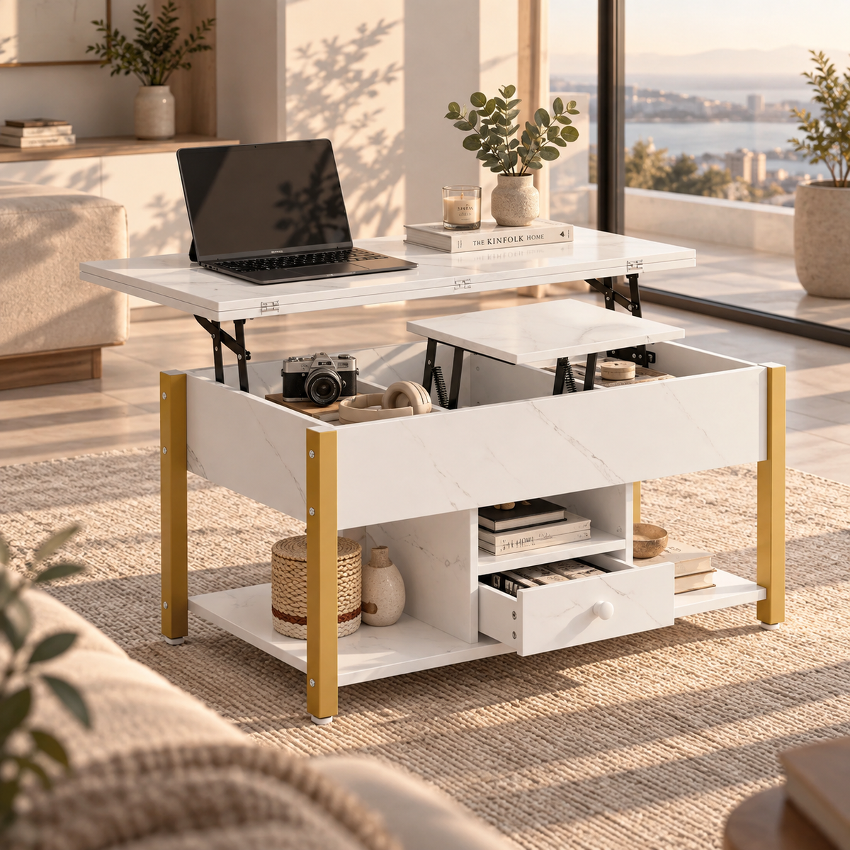 Table Basse Relevable Blanche avec Tiroirs de Rangement