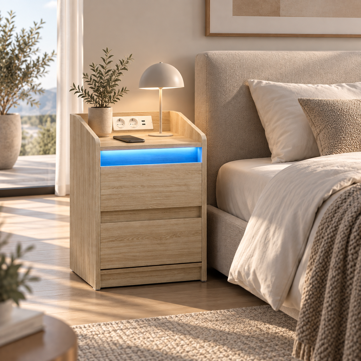 Table de Chevet avec LED, USB, Prises et 2 Tiroirs