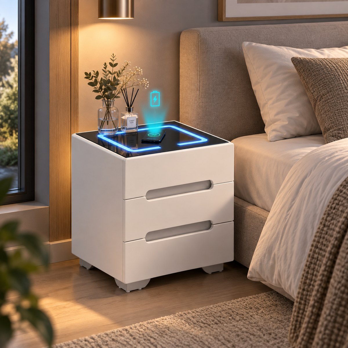 Table de Chevet avec Recharge Sans Fil et Éclairage LED