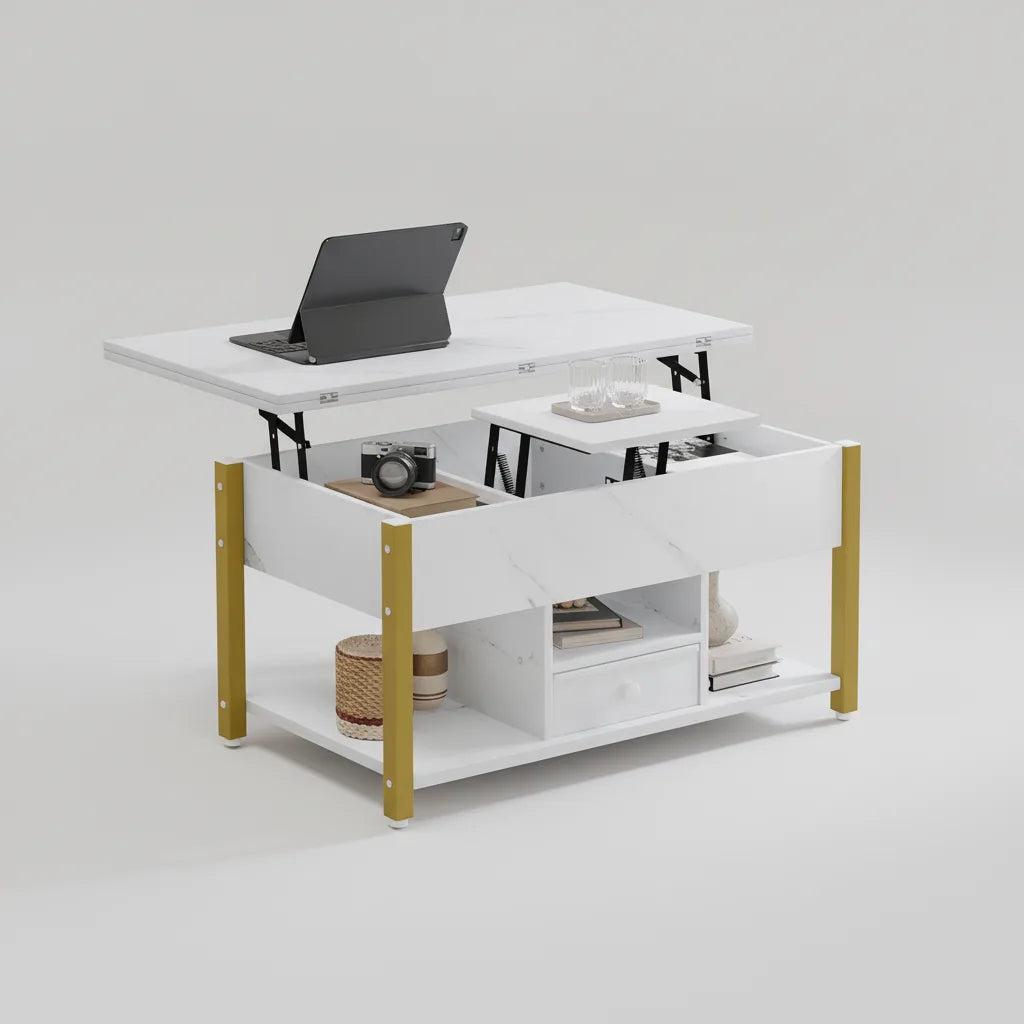 Table Basse Relevable Blanche avec Tiroirs de Rangement