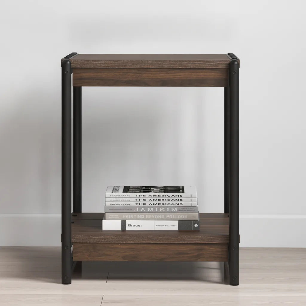 Table d’Appoint Industrielle à 2 Niveaux avec Rangement – Noyer Noir