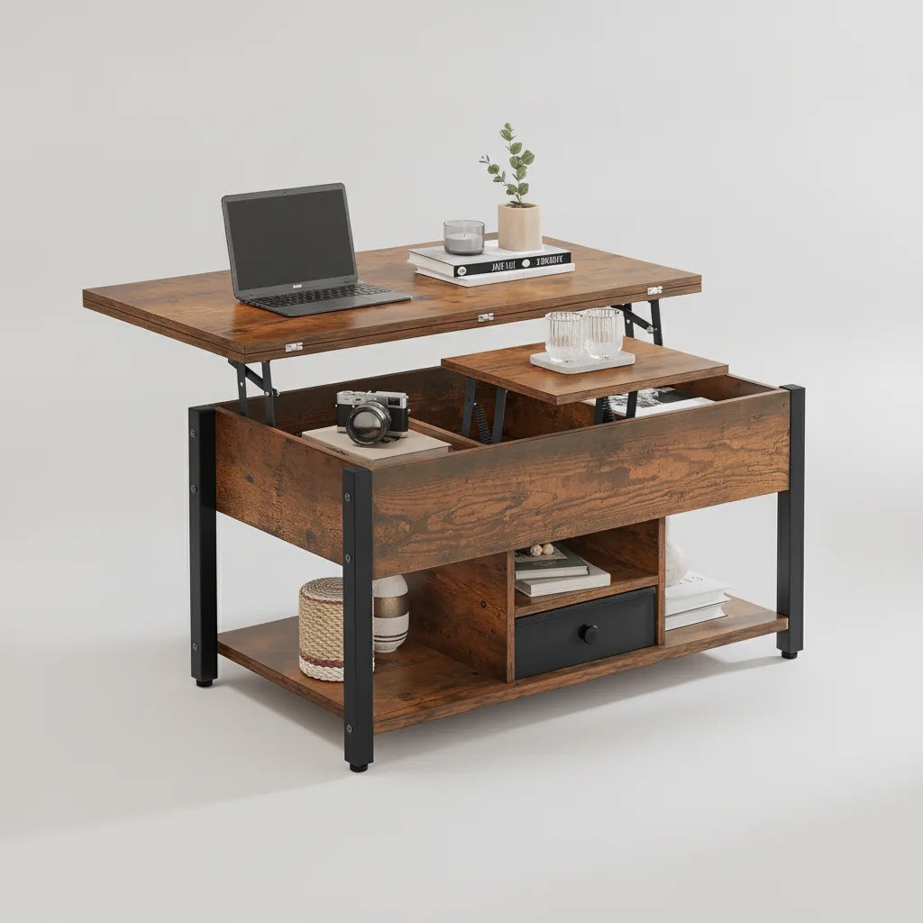 Table Basse Convertible Relevable avec Tiroirs de Rangement