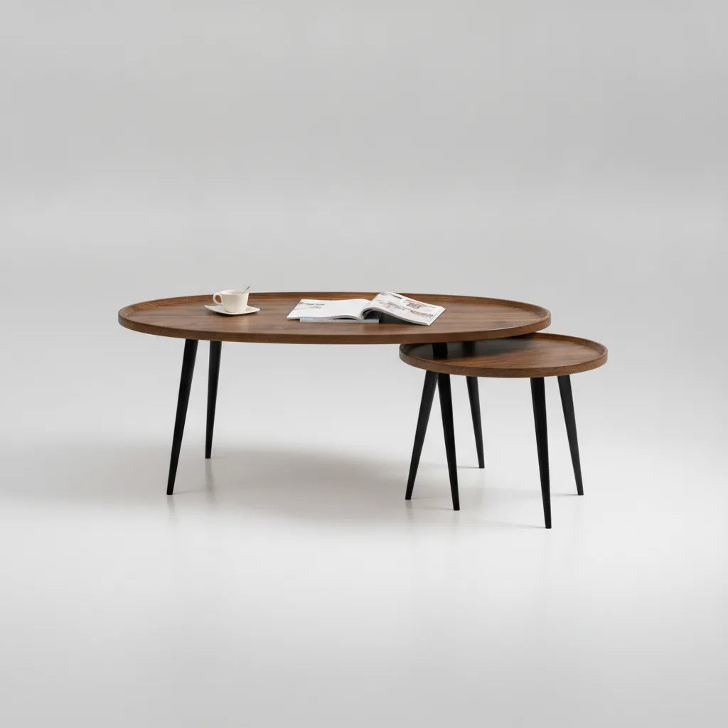 Lot de 2 Tables Basses Gigognes Rondes Finition Noyer