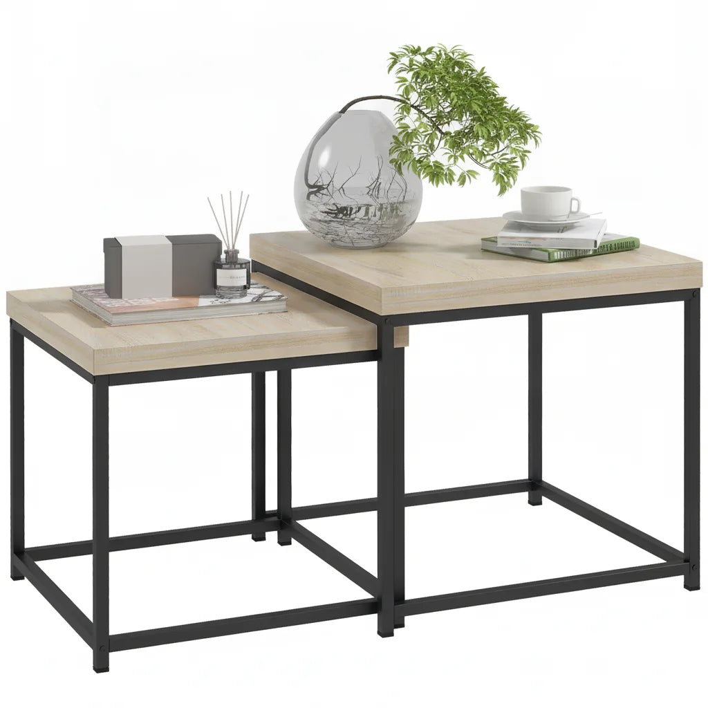 Lot de 2 Tables Basses Gigognes Carrées avec Cadre en Acier