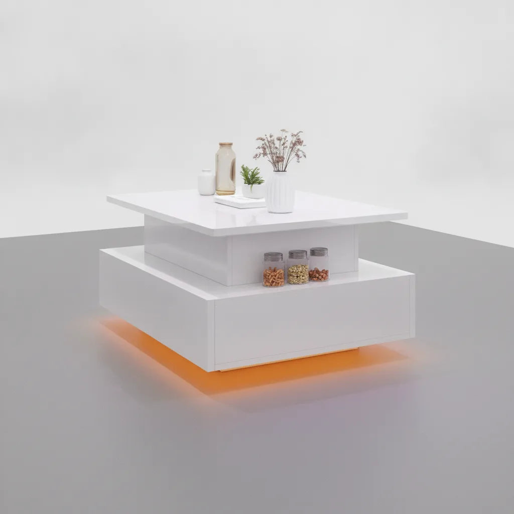 Table Basse Relevable Rectangulaire avec LED 16 Couleurs et 2 Tiroirs