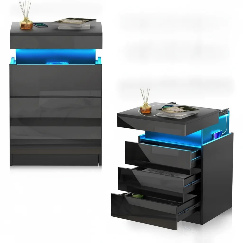 Table de Chevet avec Station de Charge, 3 Tiroirs et Rangement Caché