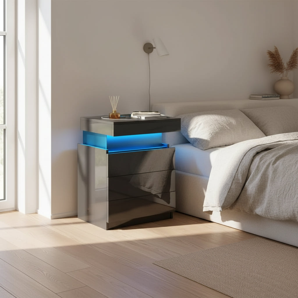 Table de Chevet avec Station de Charge, 3 Tiroirs et Rangement Caché