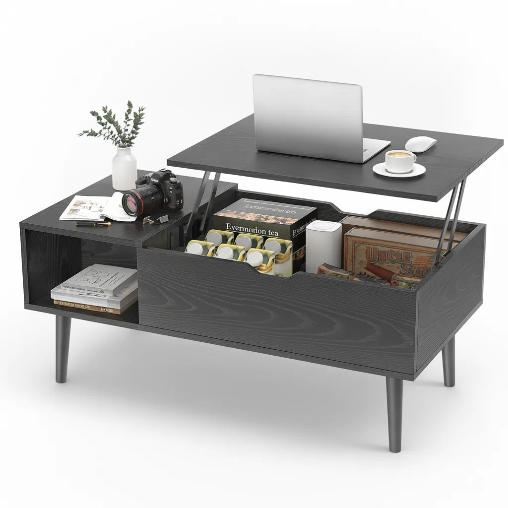 Table Basse Relevable 100 x 50 cm avec Étagère de Rangement