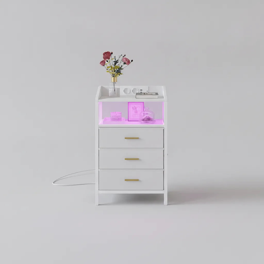 Table de Chevet LED avec Station de Charge et 3 Tiroirs