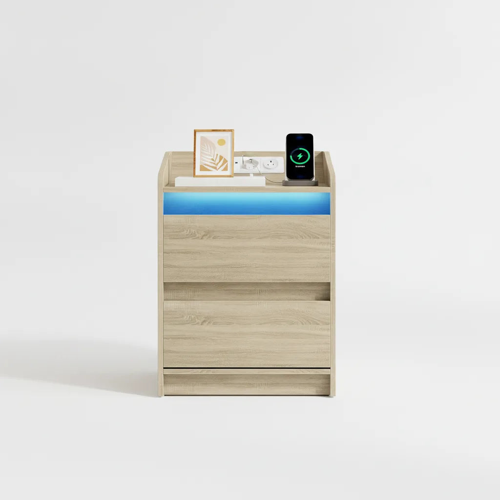 Table de Chevet avec LED, USB, Prises et 2 Tiroirs