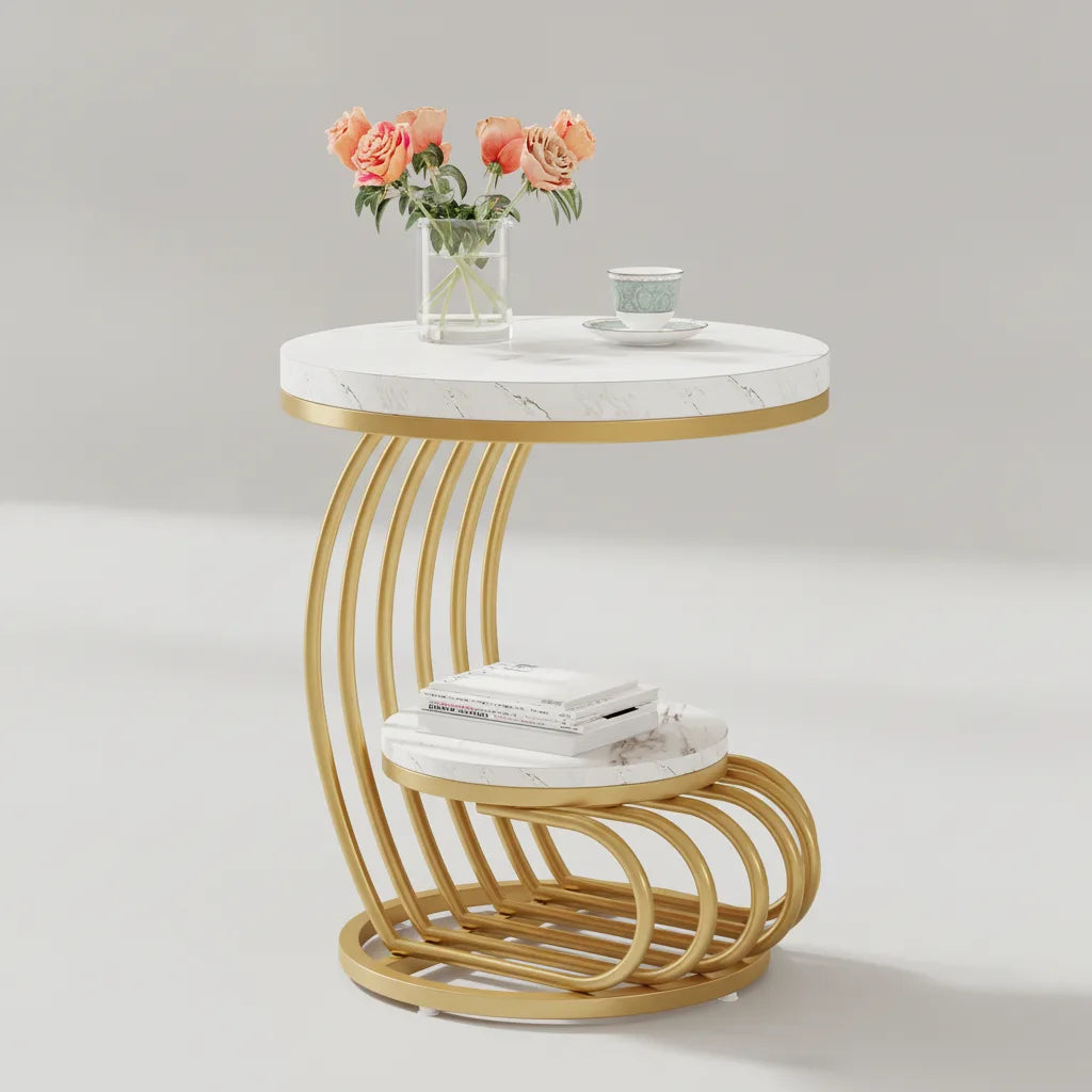 Table d’Appoint Ronde à 2 Niveaux avec Étagère de Rangement