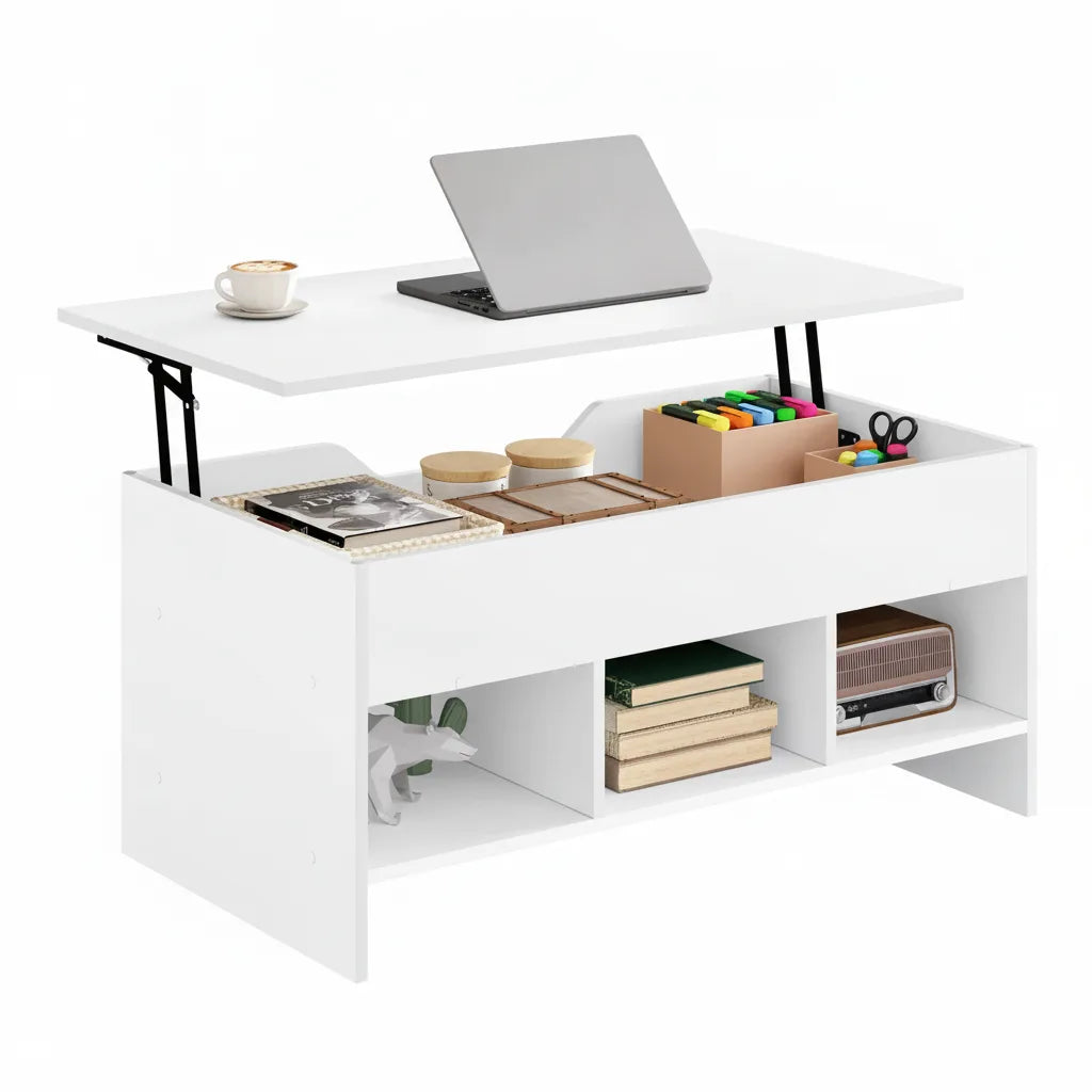 Table Basse Relevable Rectangulaire Blanche avec Rangement