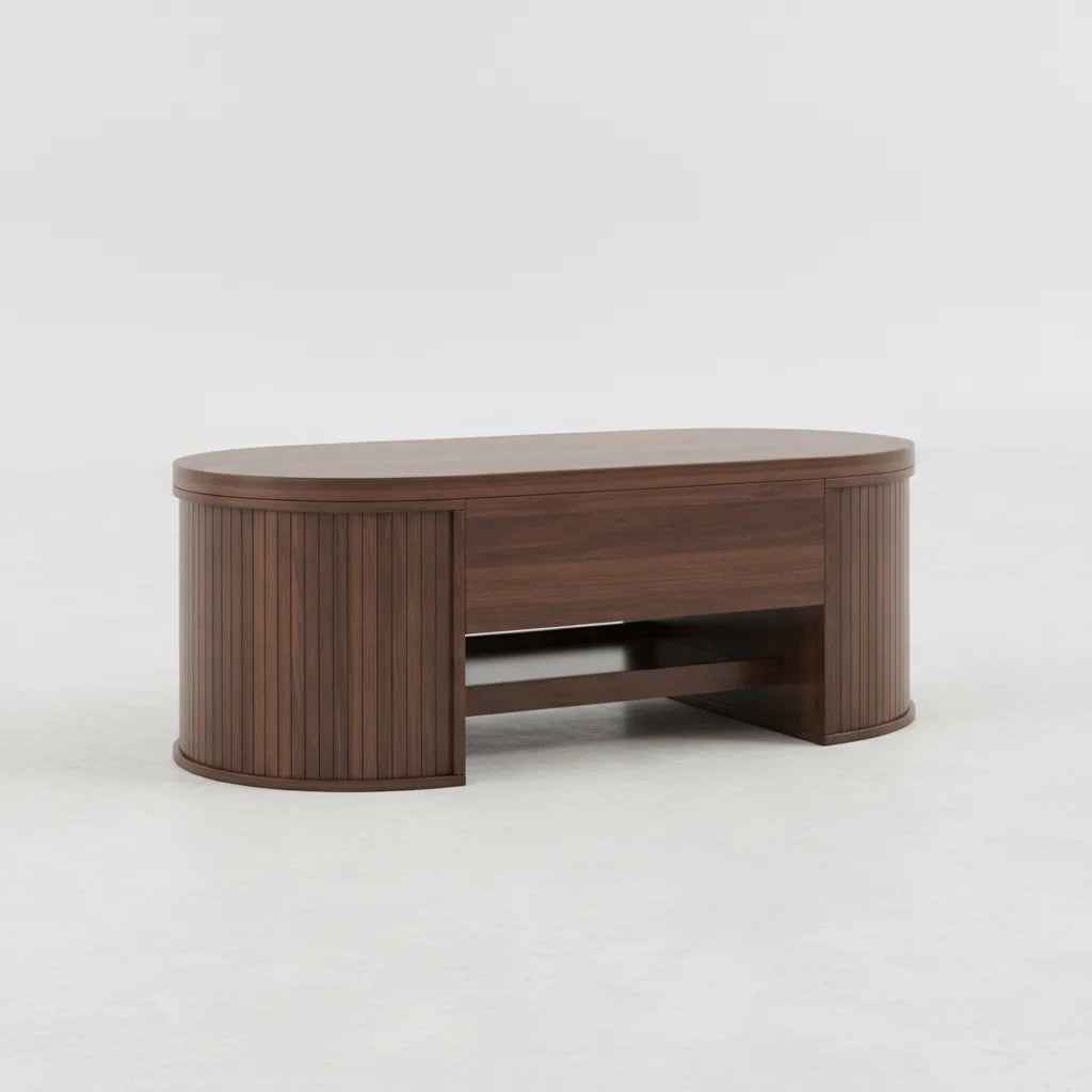 Table Basse Relevable avec Étagère Extensible et Côtés en Bois Courbés