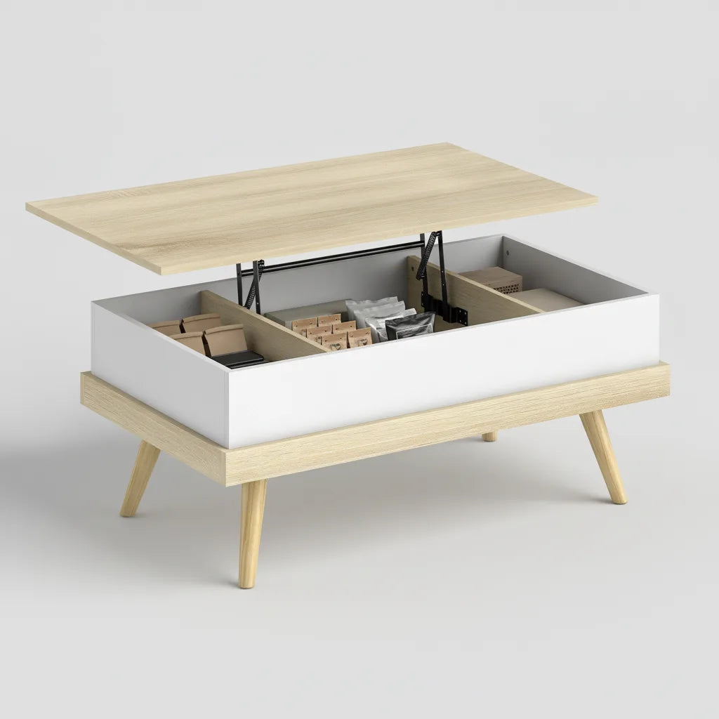 Table Basse Relevable 100 x 79 x 54 cm avec 3 Compartiments de Rangement
