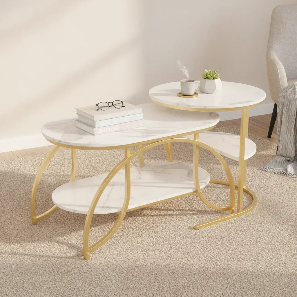 Lot de 2 Tables Basses Gigognes à Double Niveau avec Structure Métallique