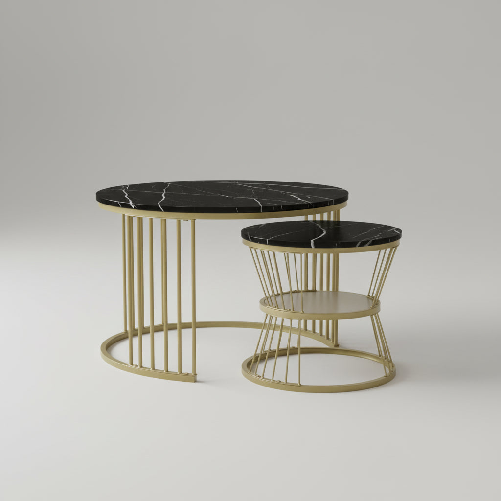 Lot de 2 Tables Basses Rondes Empilables avec Cadre Métallique
