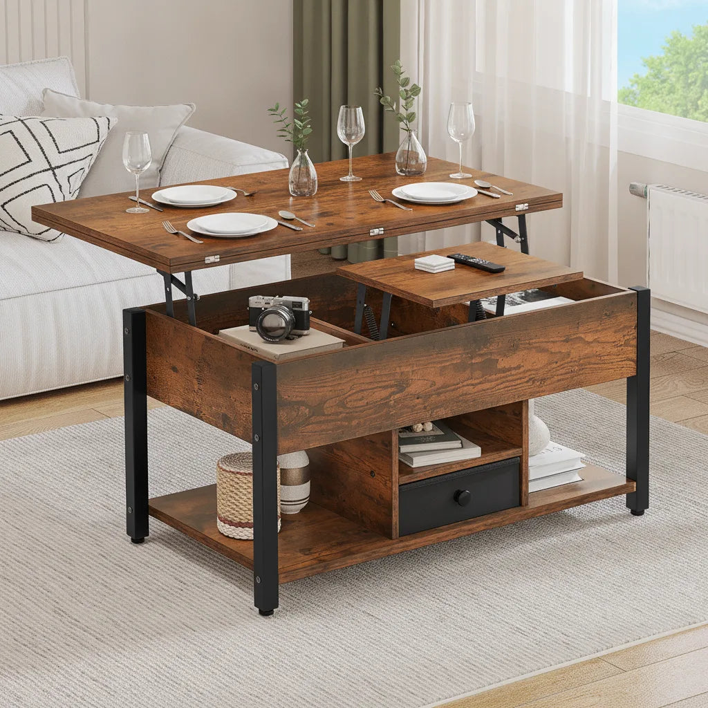 Table Basse Convertible Relevable avec Tiroirs de Rangement