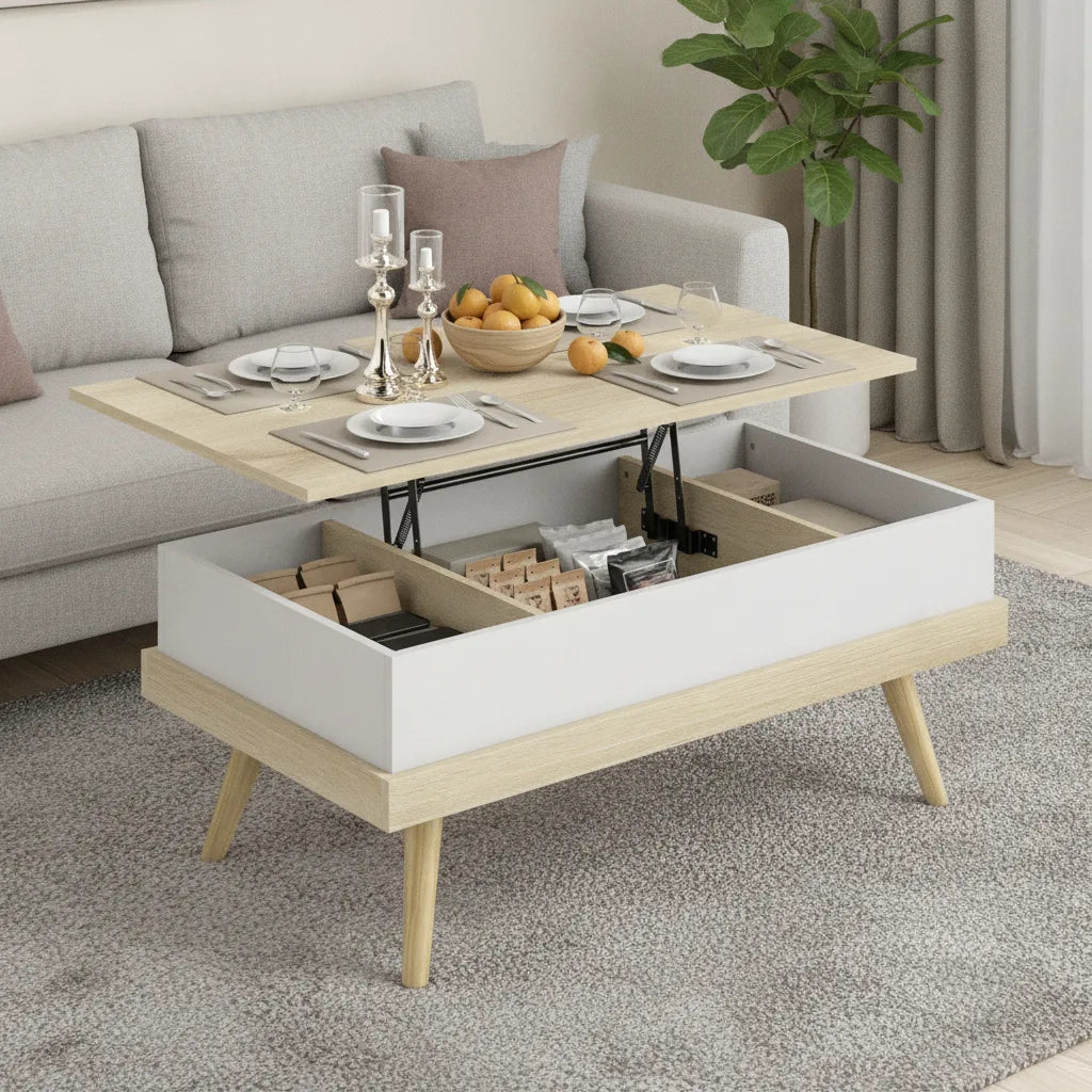 Table Basse Relevable 100 x 79 x 54 cm avec 3 Compartiments de Rangement