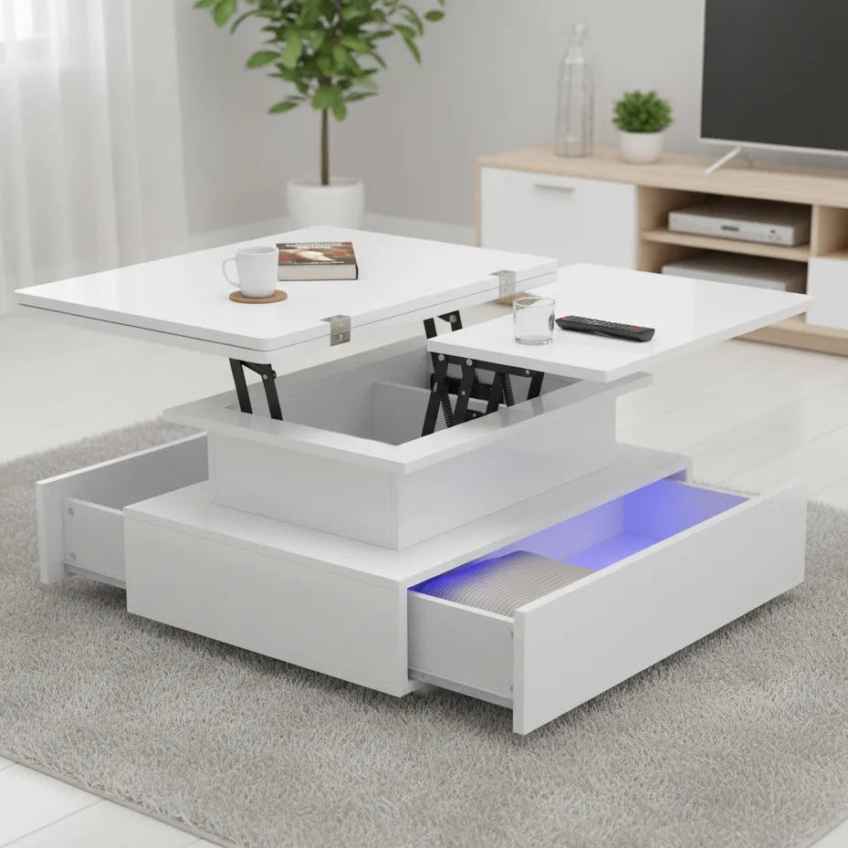 Table Basse Relevable et Extensible avec LED et 2 Tiroirs