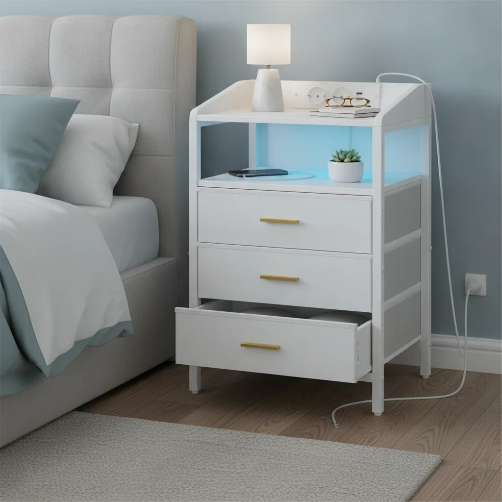 Table de Chevet LED avec Station de Charge et 3 Tiroirs