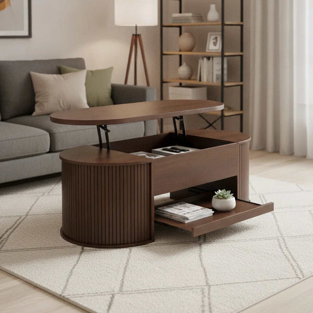 Table Basse Relevable avec Étagère Extensible et Côtés en Bois Courbés