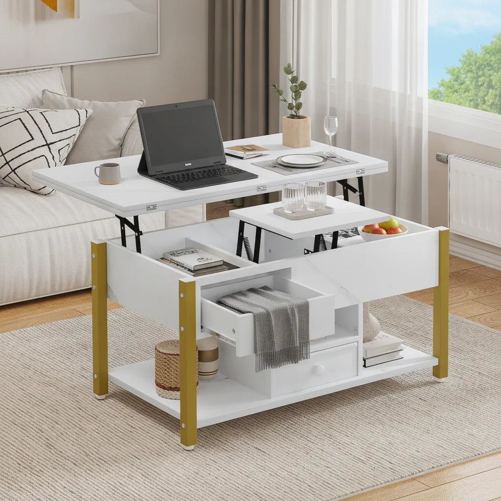 Table Basse Relevable Blanche avec Tiroirs de Rangement