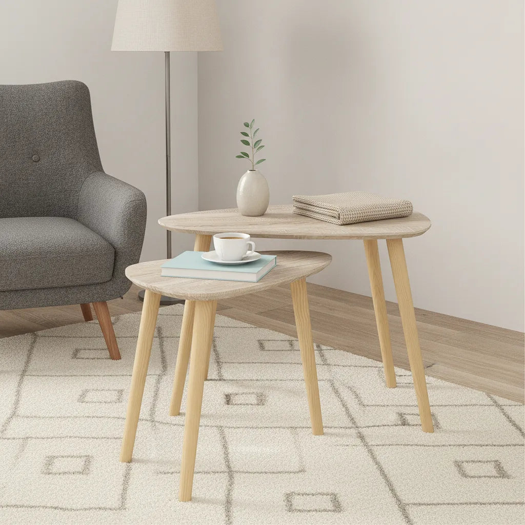 Lot de 2 Tables Basses Gigognes avec Pieds en Bois de Pin