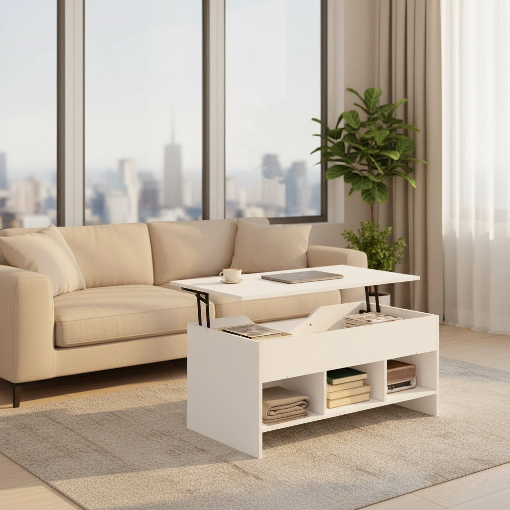 Table Basse Relevable Rectangulaire Blanche avec Rangement