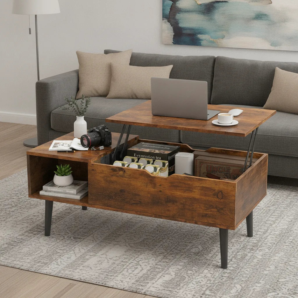 Table Basse Relevable 100 x 50 cm avec Étagère de Rangement