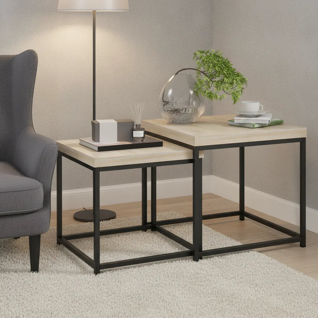 Lot de 2 Tables Basses Gigognes Carrées avec Cadre en Acier