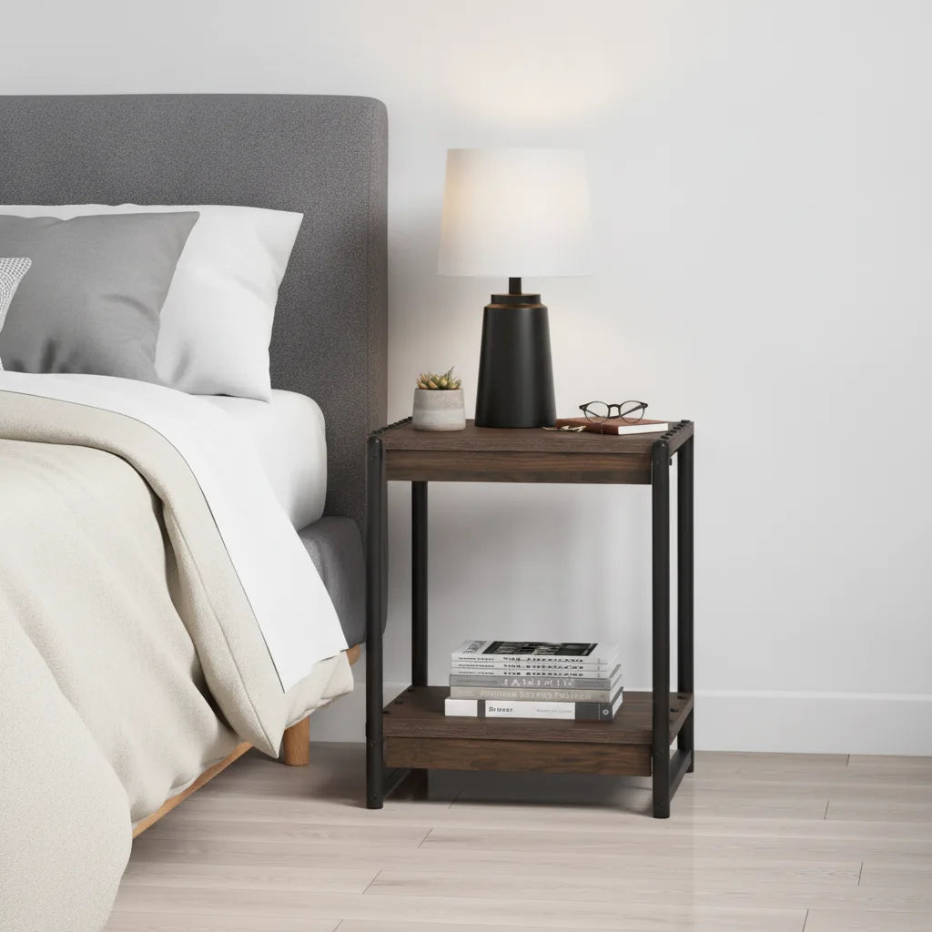 Table d’Appoint Industrielle à 2 Niveaux avec Rangement – Noyer Noir