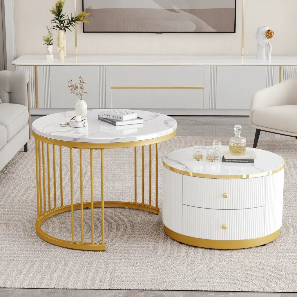 Lot de 2 Tables Basses Gigognes Rondes avec 2 Tiroirs