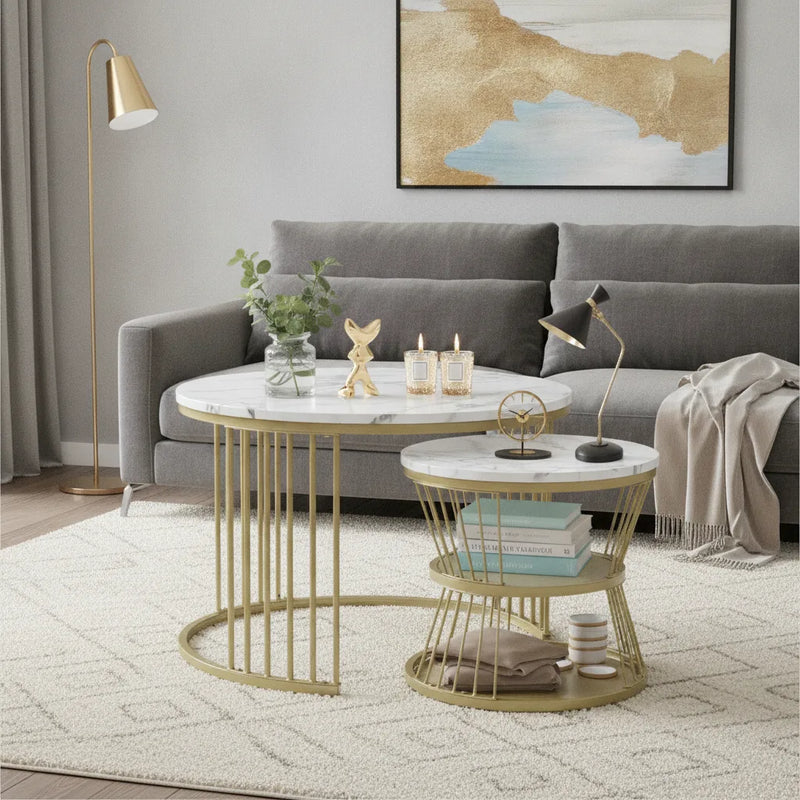 Lot de 2 Tables Basses Rondes Empilables avec Cadre Métallique