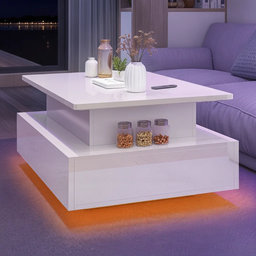 Table Basse Relevable Rectangulaire avec LED 16 Couleurs et 2 Tiroirs