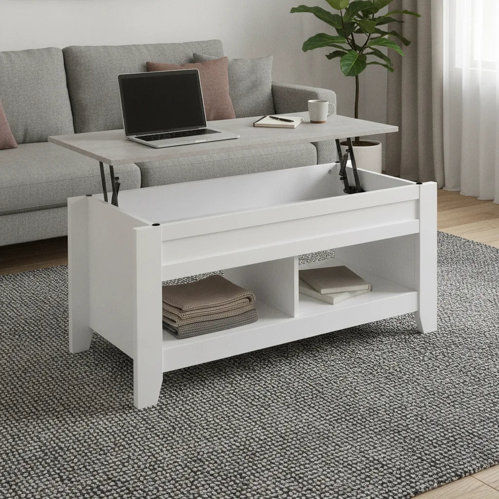 Table Basse Relevable 105 x 50 cm avec 2 Compartiments de Rangement