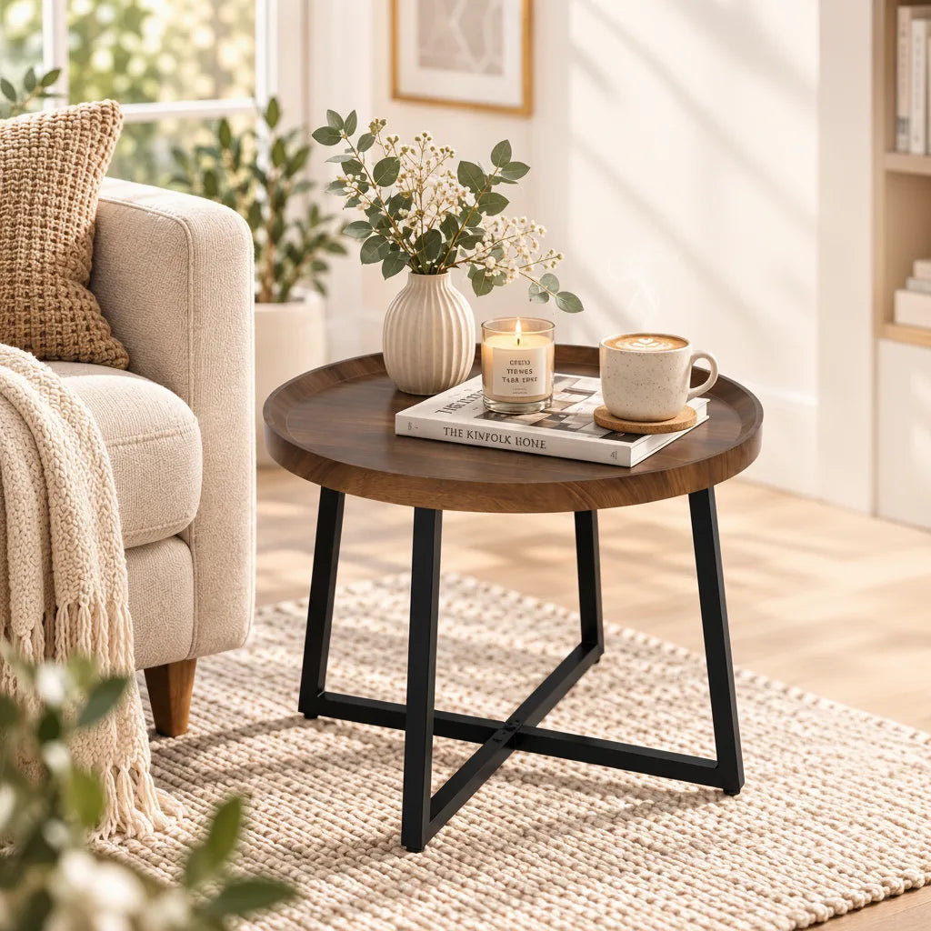 Table d’Appoint Ronde 50 x 50 x 39 cm avec Structure en Métal Noir