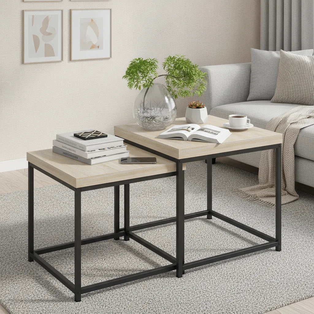 Lot de 2 Tables Basses Gigognes Carrées avec Cadre en Acier