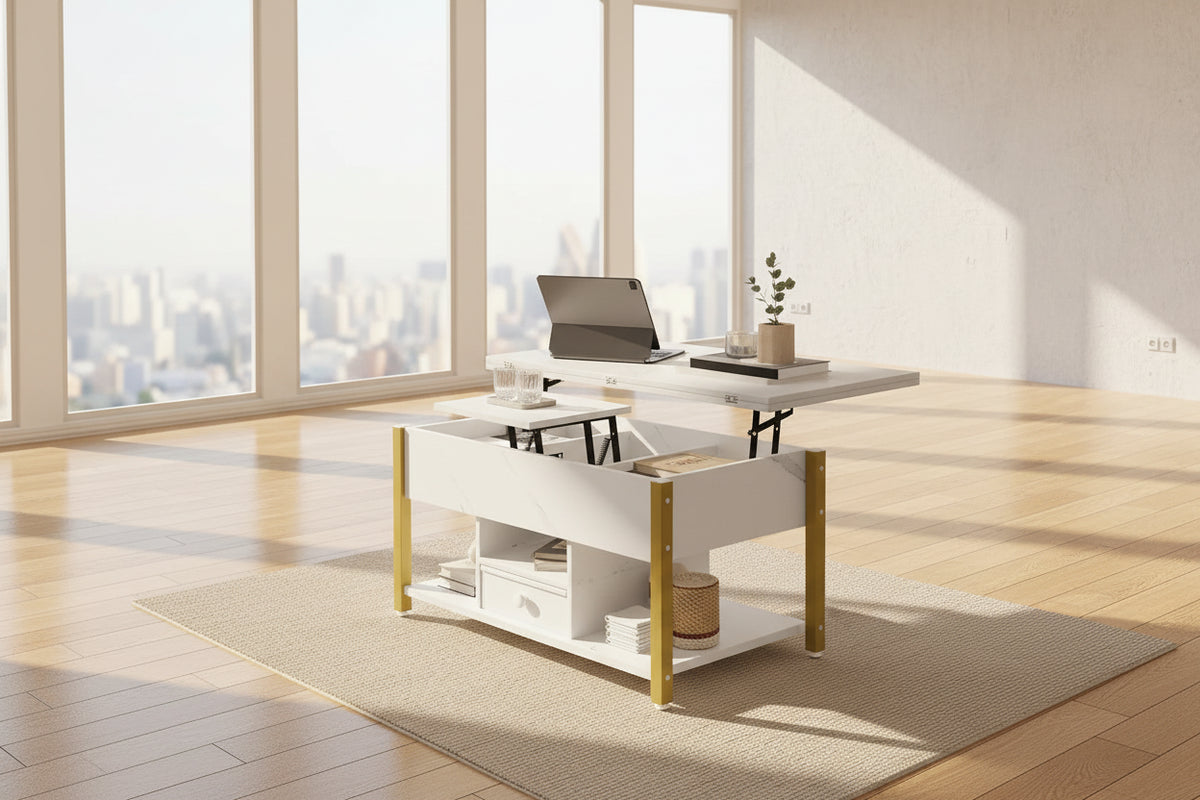 Table Basse Relevable Blanche avec Tiroirs de Rangement