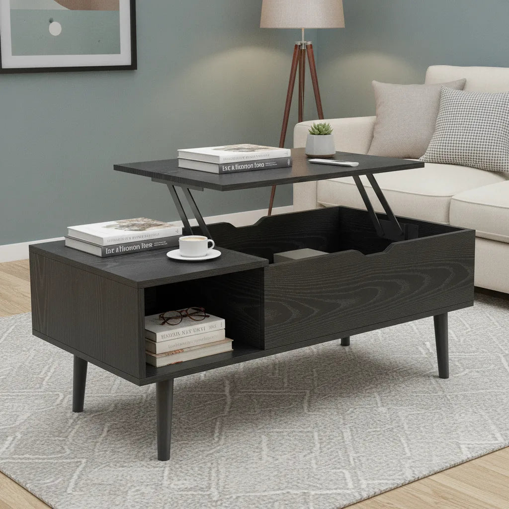 Table Basse Relevable 100 x 50 cm avec Étagère de Rangement