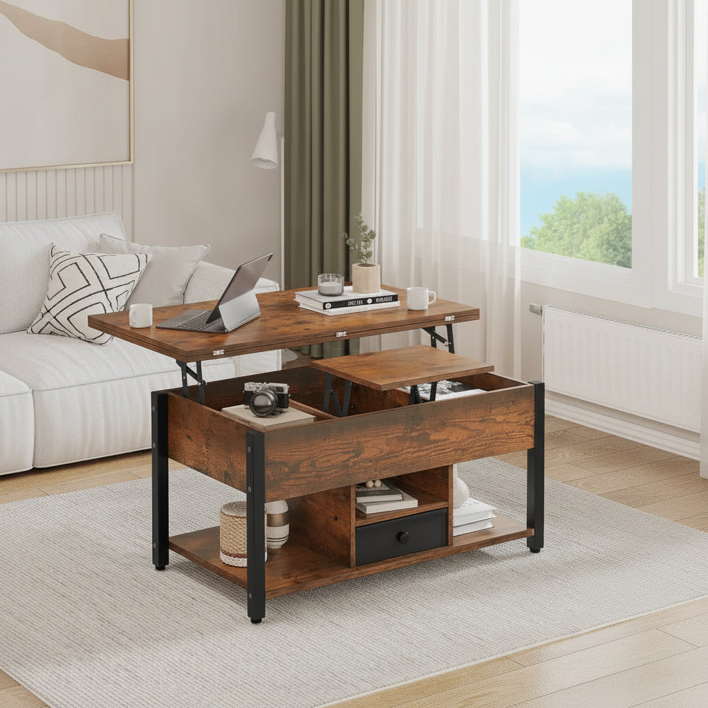 Table Basse Convertible Relevable avec Tiroirs de Rangement
