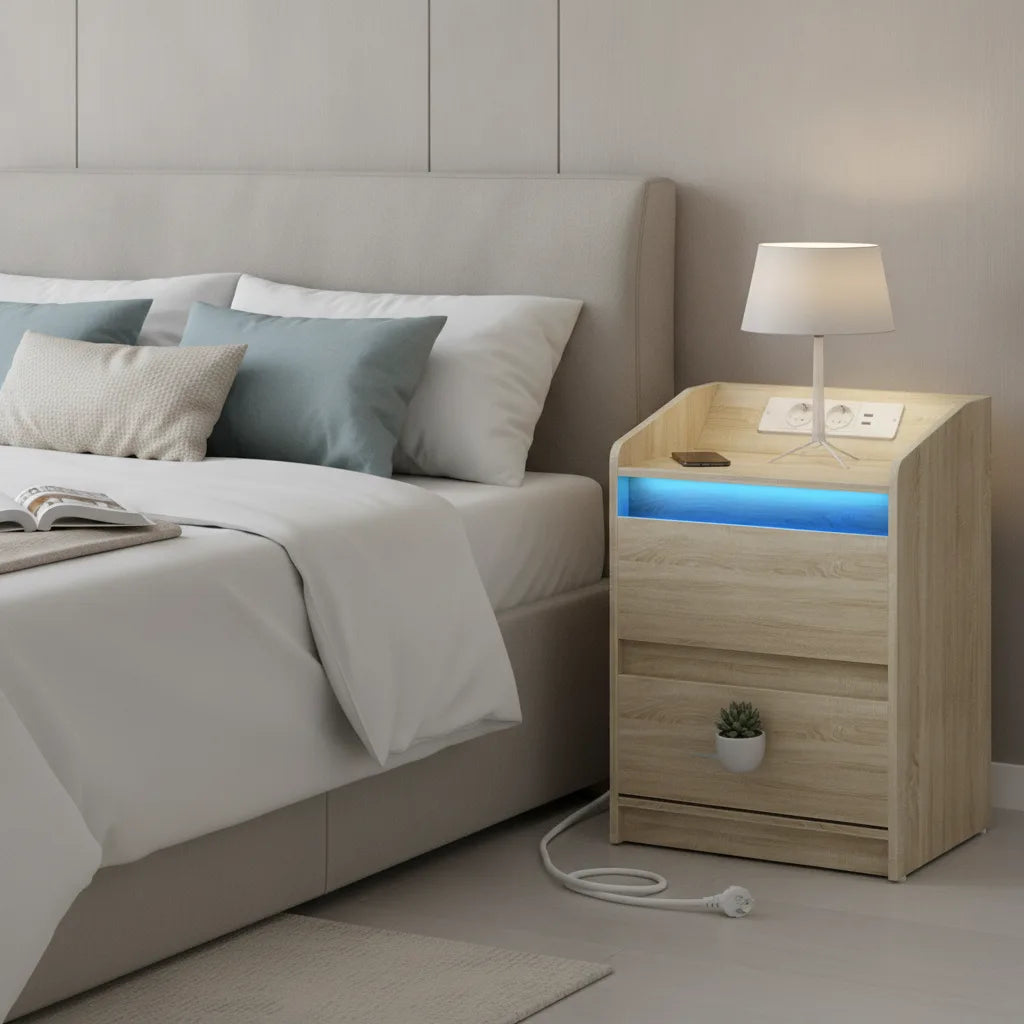 Table de Chevet avec LED, USB, Prises et 2 Tiroirs