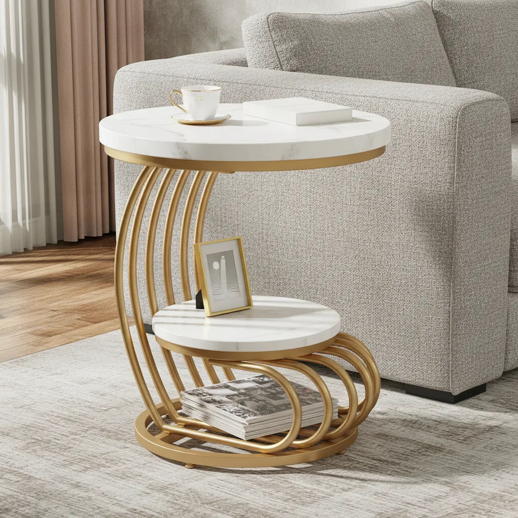 Table d’Appoint Ronde à 2 Niveaux avec Étagère de Rangement