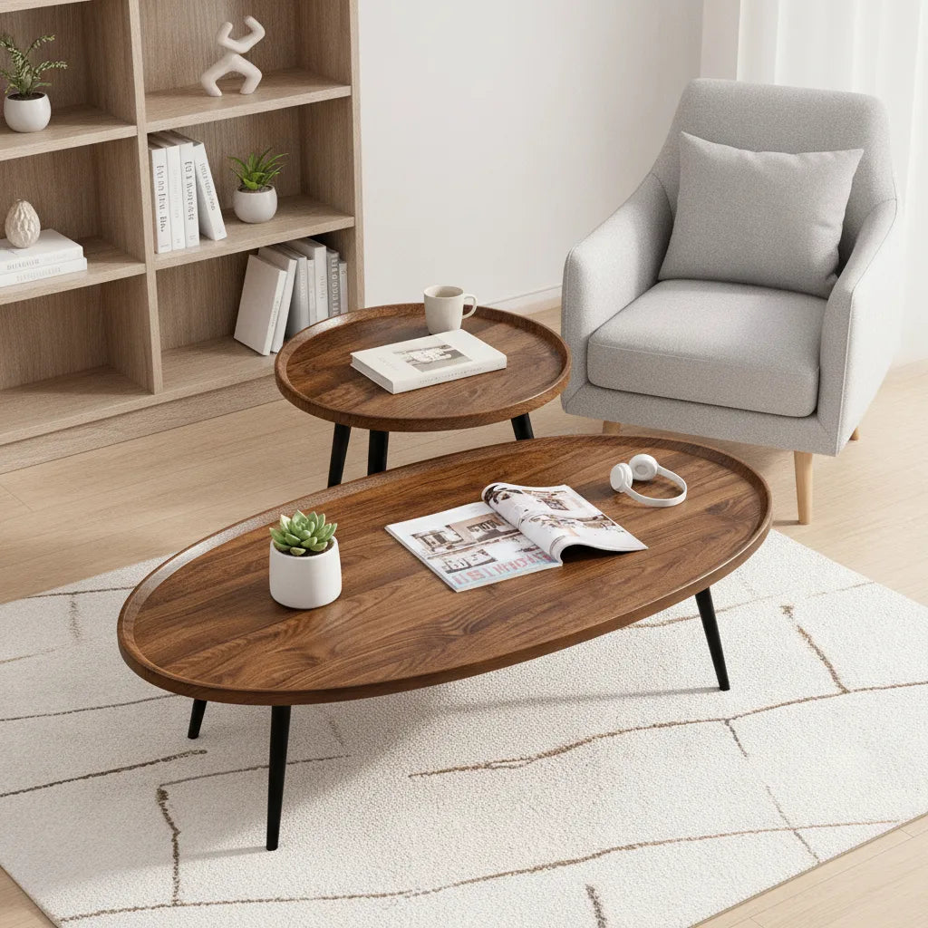 Lot de 2 Tables Basses Gigognes Rondes Finition Noyer