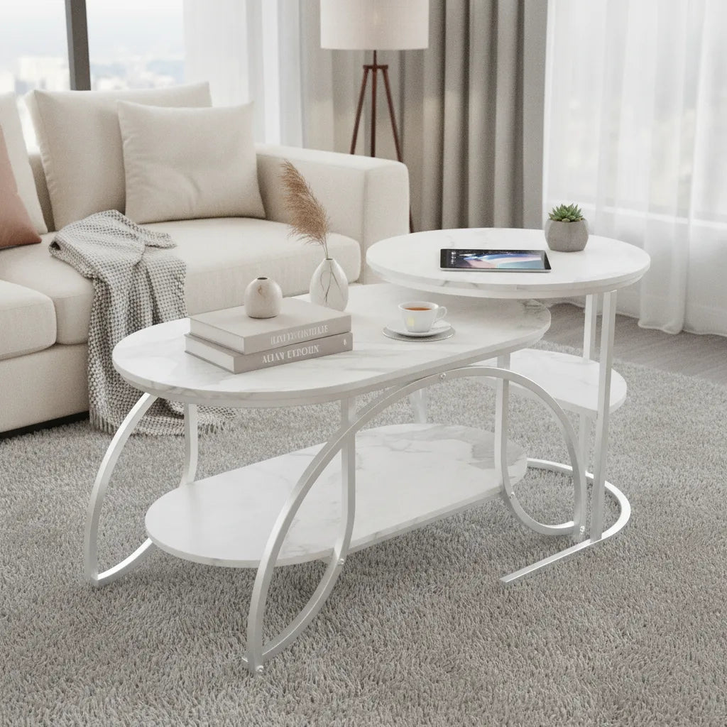 Lot de 2 Tables Basses Gigognes à Double Niveau avec Structure Métallique