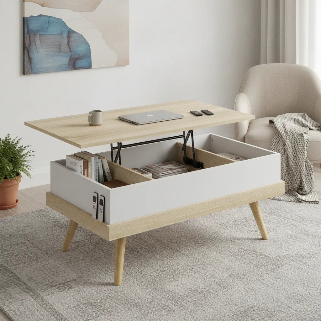 Table Basse Relevable 100 x 79 x 54 cm avec 3 Compartiments de Rangement